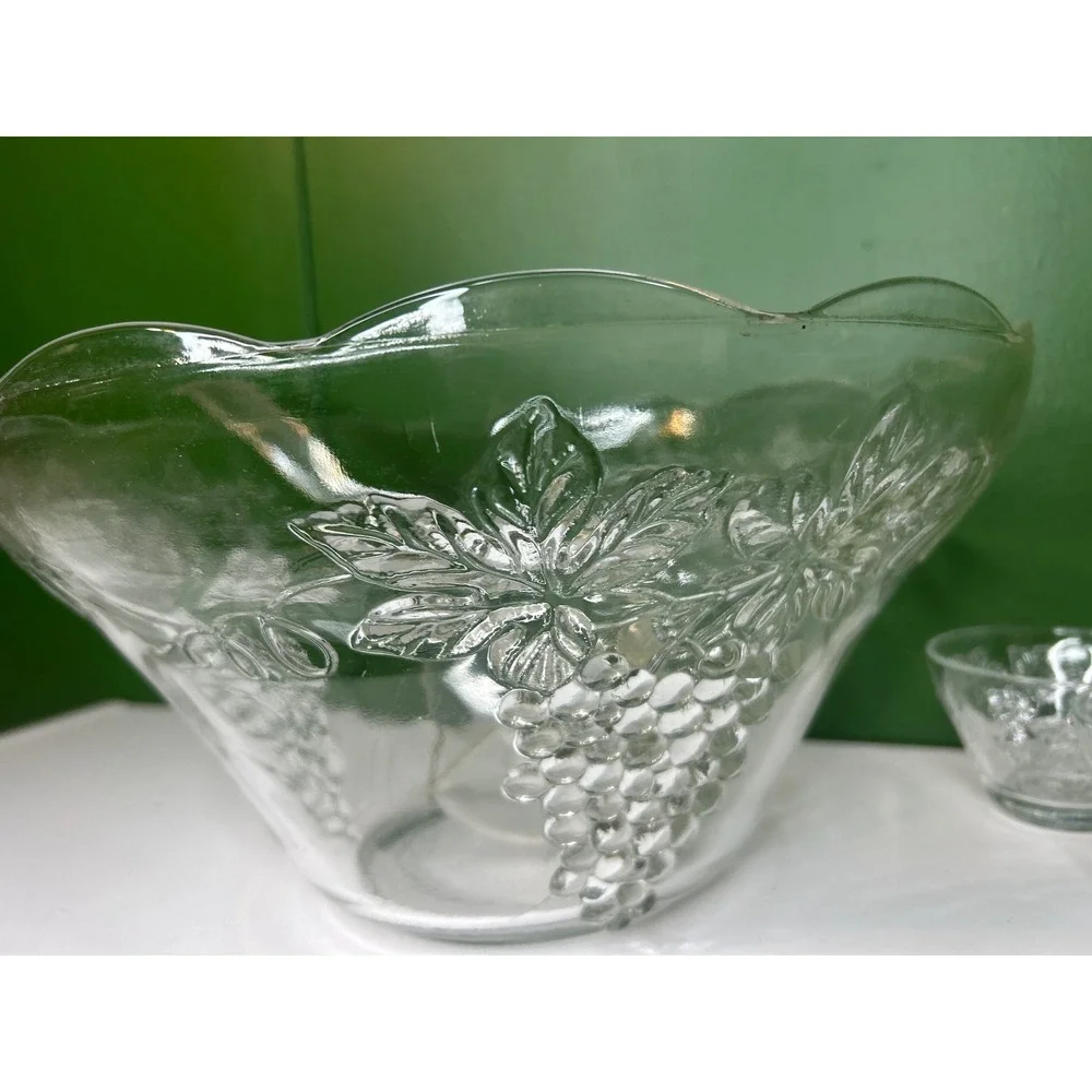 Vintage Clear Pressed Glass Grape Harvest Punch Bowl Set with 5 Cups and Ladle